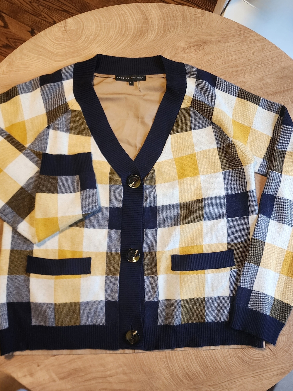 English Factory Yellow, Navy & White Plaid Button Cardigan